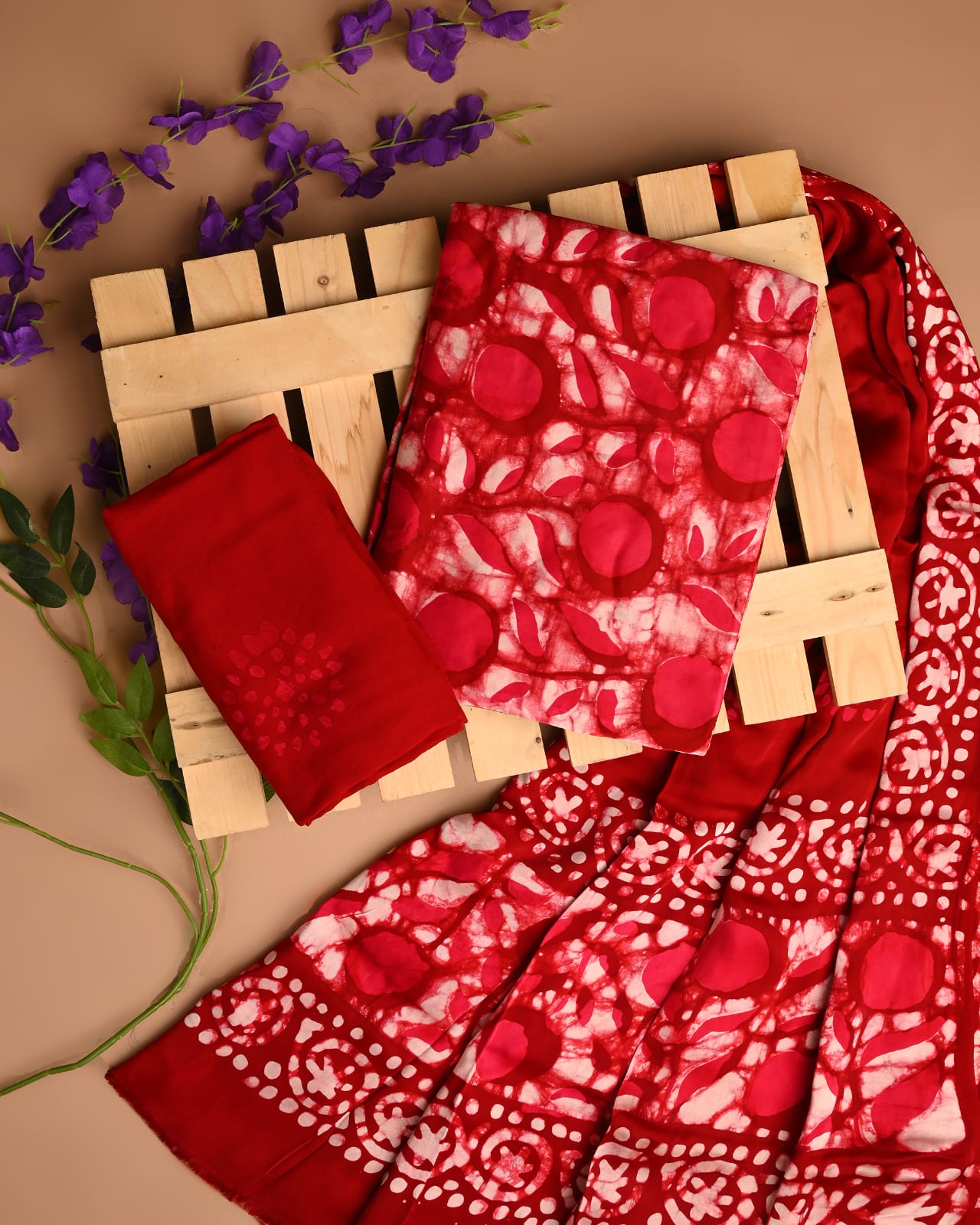 Red batik cupro modal silk dress material wholesale, handblock printed silk suit set by Fabtexs